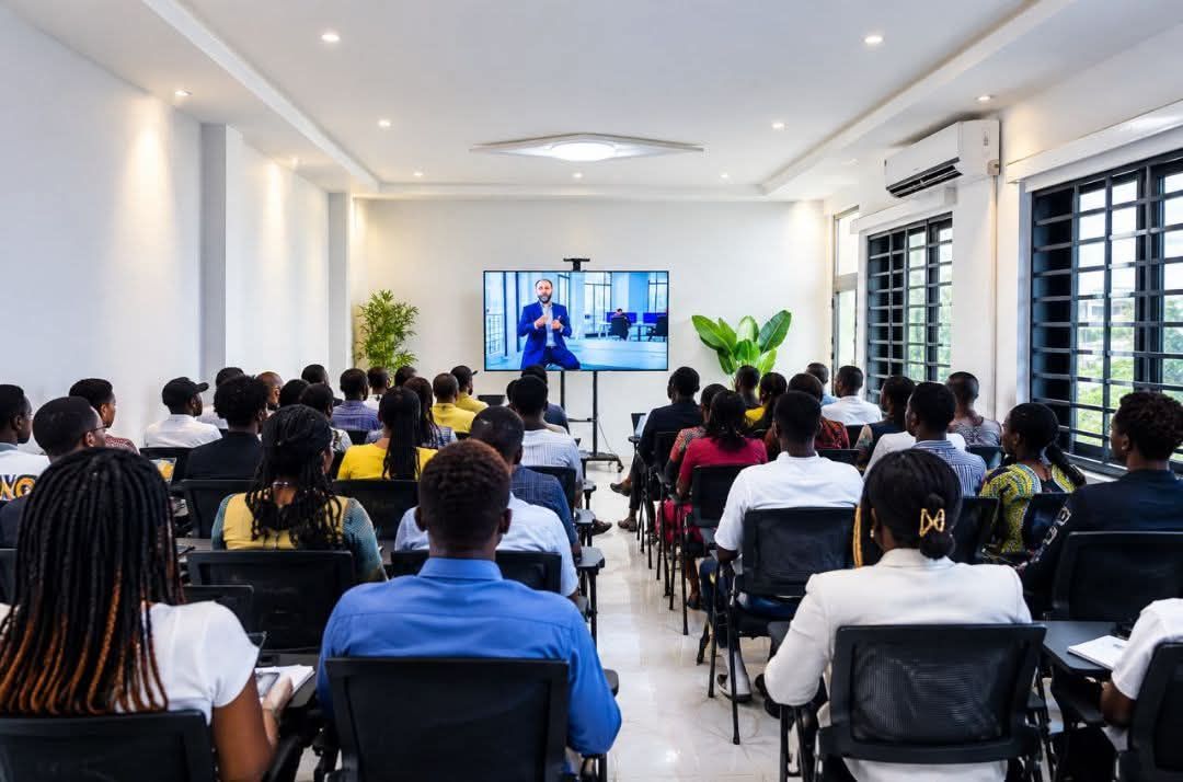 Salle de formation pleine, participants face à un grand écran