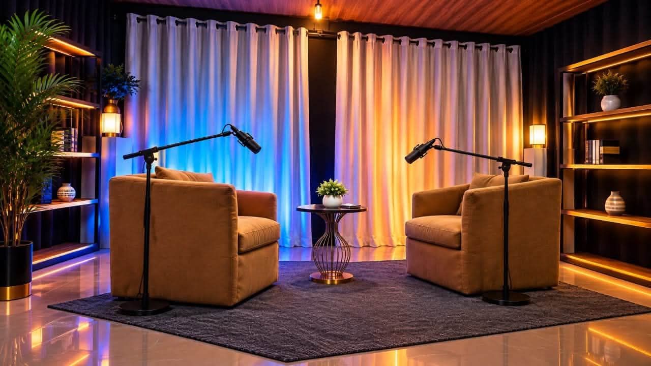 Plateau du studio podcast : deux fauteuils face à face, micros sur perche, rideaux éclairés en bleu et ambre